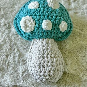 Knitted Teal and White Mushroom Pillow